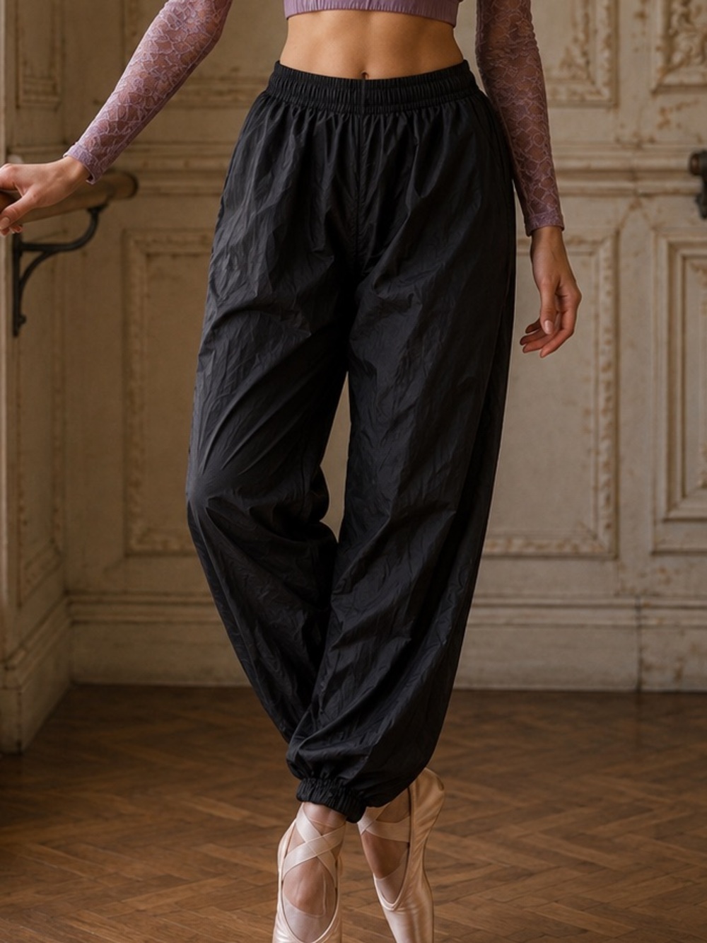 Body Wrappers Black Elastic-Waist Ripstop Trash Bag Pants Balletcore Adult Dance